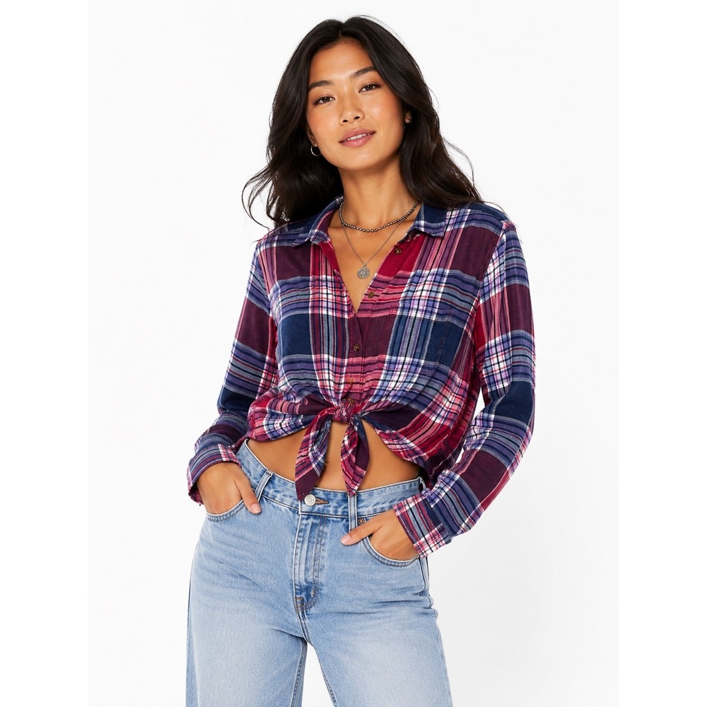 American Eagle Boyfriend Fit Plaid Button Down Shirt Red Navy Purple Women Small